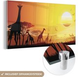 MuchoWow® Glasschilderij 160x80 cm - Schilderij acrylglas - Een illustratie van het Afrikaanse landschap met giraffen - Foto op glas - Schilderijen