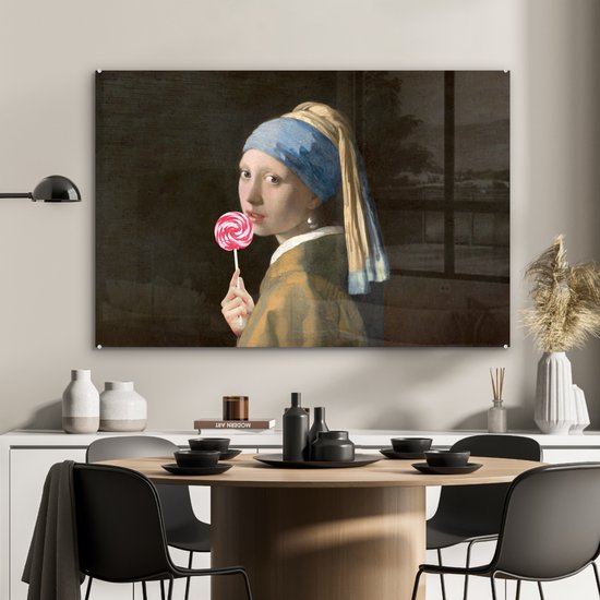 MuchoWow® Peinture sur Verre - Fille à la Perle - Johannes Vermeer - Sucette - 90x60 cm - Peintures sur Verre Acrylique - Photo sur Glas