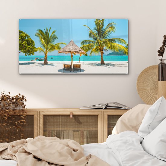 Peinture sur verre - Plage avec palmiers et transats - 80x40 cm - Peintures sur Verre Peintures - Photo sur Glas