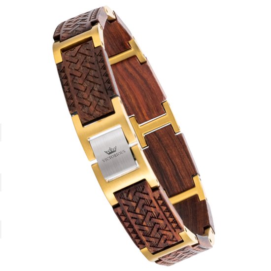 Victorious Rood Sandelhout Armband - Goud en Roestvrij Staal - Cross - 21cm