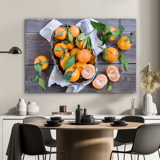 ® Glasschilderij 120x80 cm - Schilderij acrylglas - Mandarijnen op een houten tafel - Foto op glas - Muurdecoratie woonkamer - Wanddecoratie slaapkamer - Schilderijen