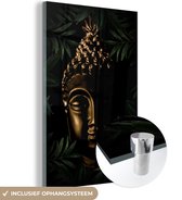 MuchoWow® Glasschilderij 60x90 cm - Schilderij acrylglas - Buddha - Bladeren - Goud - Foto op glas - Schilderijen