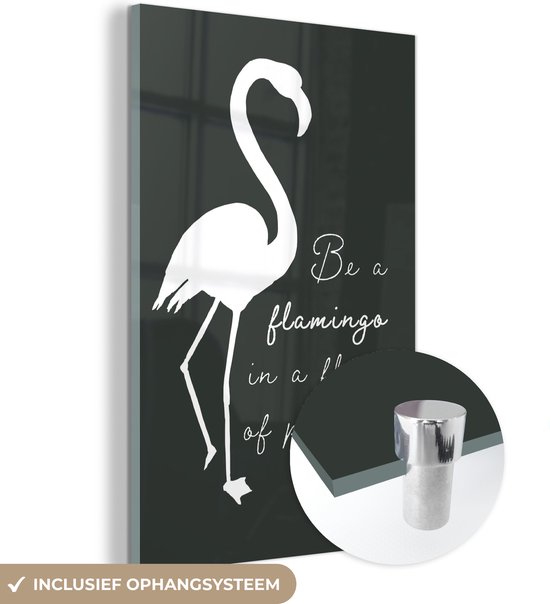 MuchoWow® Glasschilderij 20x30 cm - Schilderij acrylglas - Quote - Flamingo - Zwart - Wit - Foto op glas - Schilderijen
