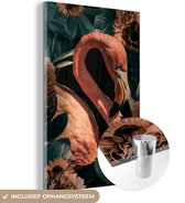 MuchoWow® Glasschilderij 80x120 cm - Schilderij acrylglas - Portret - Bloemen - Flamingo - Foto op glas - Schilderijen