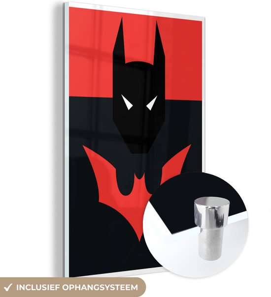 MuchoWow® Glasschilderij 20x30 cm - Schilderij acrylglas - Illustratie van Batman op een rode achtergrond - Foto op glas - Schilderijen