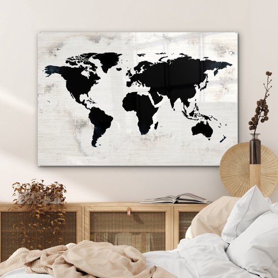 Peinture sur Verre - Carte du Wereldkaart - Zwart - Bois - 120x80 cm - Peintures sur Verre Peintures - Photo sur Glas