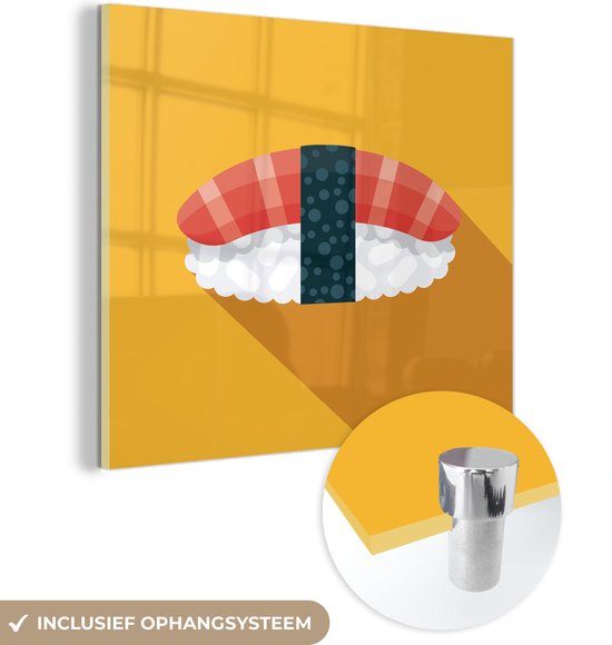 MuchoWow® Glasschilderij 90x90 cm - Schilderij acrylglas - Sushi illustratie met schaduw op gele achtergrond - Foto op glas - Schilderijen