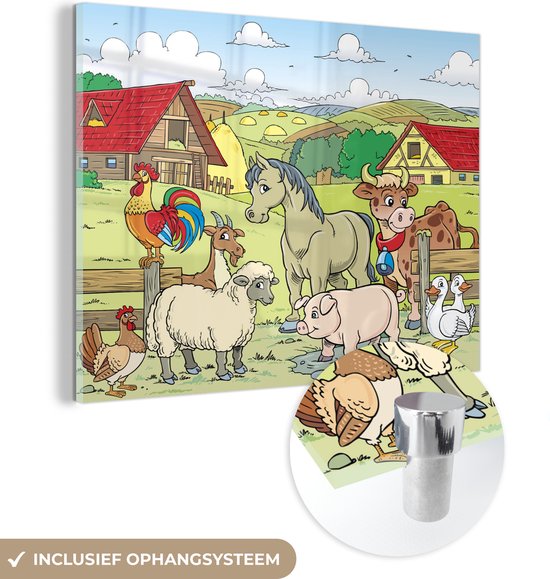 MuchoWow® Glasschilderij 40x30 cm - Schilderij acrylglas - Kinderillustratie van boerderijdieren - Foto op glas - Schilderijen