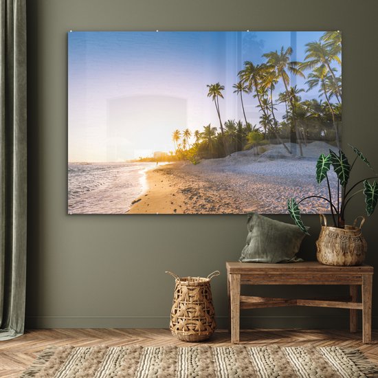 MuchoWow® Peinture sur Verre - Palmiers sur la Plage Pendant le Lever du Soleil - 150x100 cm - Peintures sur Verre Acrylique - Photo sur Glas