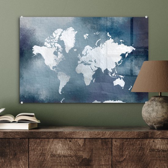 Peinture sur Verre - Carte du Wereldkaart - Aquarelle - Blauw - 60x40 cm - Peintures sur Verre Peintures - Photo sur Glas