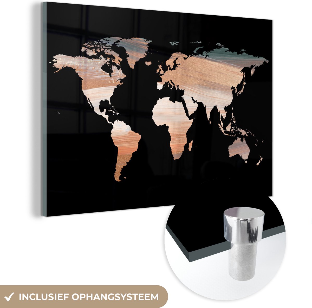 ® Glasschilderij 180x120 cm - Schilderij acrylglas - Wereldkaart - Verf - Koper - Foto op glas - Muurdecoratie woonkamer - Wanddecoratie slaapkamer - Schilderijen