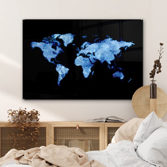 Peinture sur Verre - Carte du Wereldkaart - Aquarelle - Bleu Clair - 90x60 cm - Peintures sur Verre Peintures - Photo sur Glas