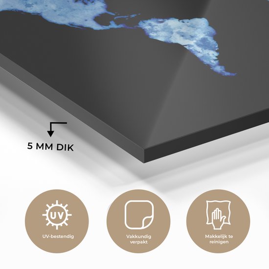 Peinture sur Verre - Carte du Wereldkaart - Aquarelle - Bleu Clair - 90x60 cm - Peintures sur Verre Peintures - Photo sur Glas