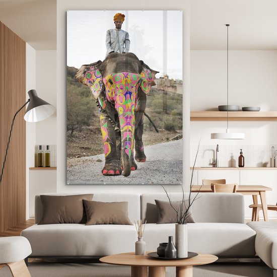 Peinture sur Verre - Éléphant Coloré en Inde - 120x180 cm - Peintures sur Verre Peintures - Photo sur Glas