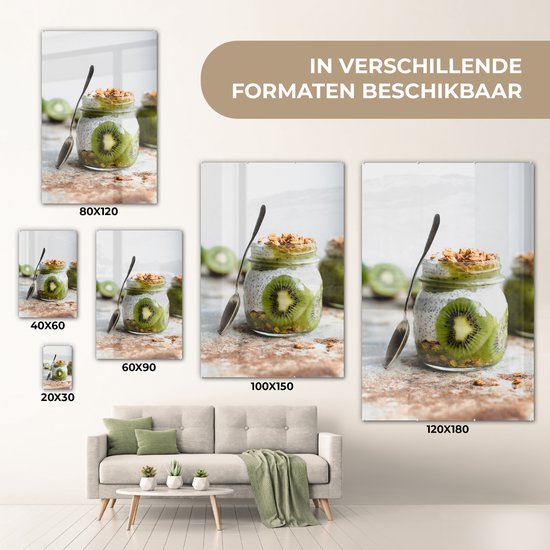MuchoWow® Glasschilderij 80x120 cm - Schilderij acrylglas - Kiwi - Pudding - Eten - Foto op glas - Schilderijen