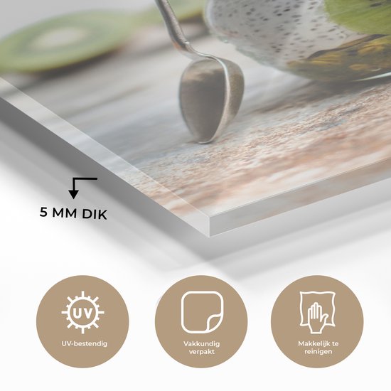 MuchoWow® Glasschilderij 80x120 cm - Schilderij acrylglas - Kiwi - Pudding - Eten - Foto op glas - Schilderijen