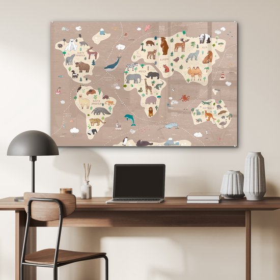 Peinture sur Verre - Carte du Wereldkaart pour Enfants - Terre - Animaux - 120x80 cm - Peintures sur Verre Peintures - Photo sur Glas