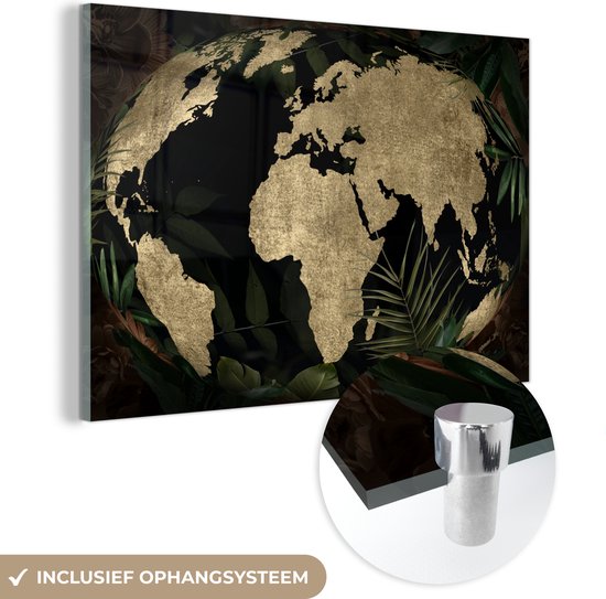 MuchoWow® Glasschilderij 90x60 cm - Schilderij acrylglas - Wereldkaart - Planten - Vintage - Foto op glas - Schilderijen