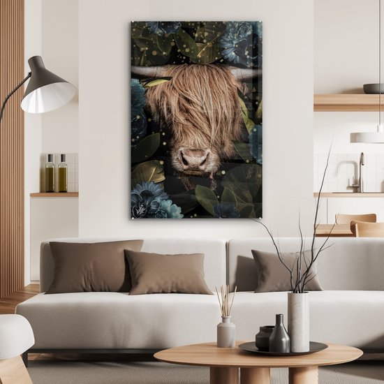 MuchoWow® Peinture sur Verre - Highlander écossais - Fleurs - Or - 80x120 cm - Peintures sur Verre Acrylique - Photo sur Glas