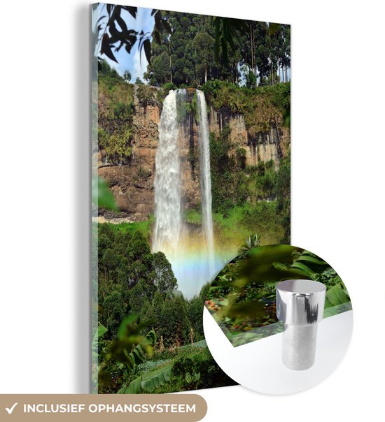MuchoWow® Glasschilderij 40x60 cm - Schilderij acrylglas - Waterval - Planten - Regenboog - Foto op glas - Schilderijen