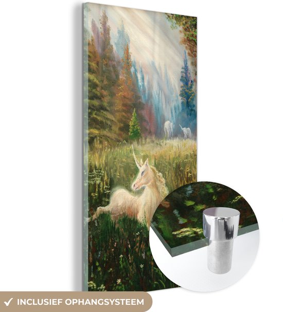 MuchoWow® Glasschilderij 20x40 cm - Schilderij acrylglas - Een illustratie van een eenhoorn in een bos - Meisjes - Kinderen - Kids - Foto op glas - Schilderijen