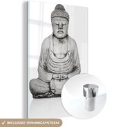 MuchoWow® Glasschilderij 80x120 cm - Schilderij acrylglas - Stenen standbeeld van Boeddha - Foto op glas - Schilderijen