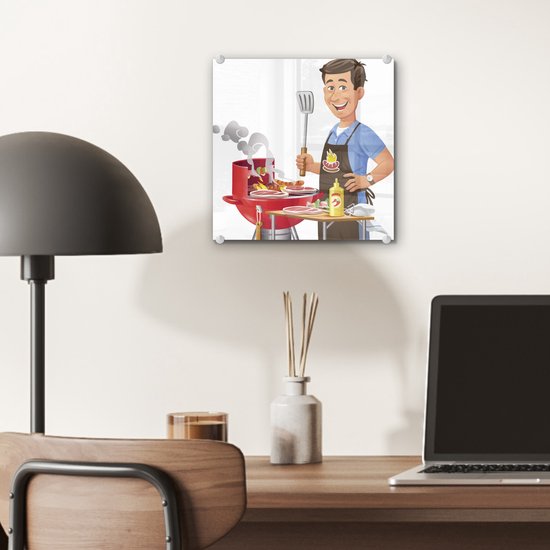 MuchoWow® Peinture sur verre 20x20 cm - Peinture sur verre acrylique - Illustration d'un homme préparant de la nourriture sur le barbecue - Photo sur verre - Peintures