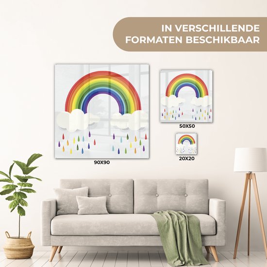 Peinture sur verre - un arc-en-ciel avec des nuages et des gouttes d'arc-en-ciel - 90x90 cm - Peintures sur Verre Peintures - Photo sur Glas