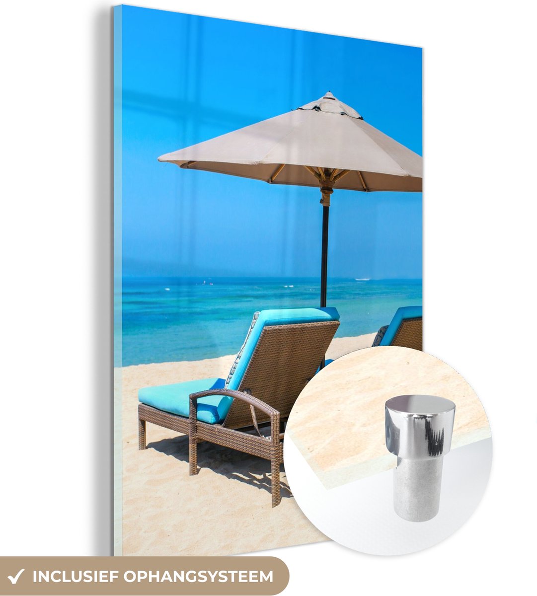 MuchoWow® Glasschilderij 120x160 cm - Schilderij acrylglas - Strandstoel - Parasol - Zomer