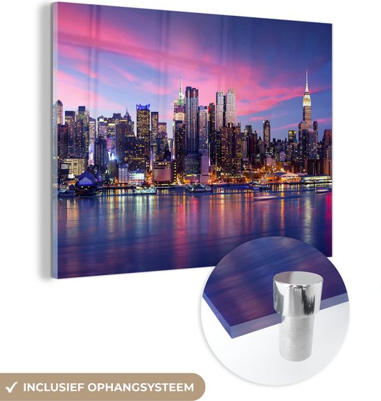 MuchoWow® Glasschilderij 40x30 cm - Schilderij acrylglas - Skyline - Water - Roze - New York - Foto op glas - Schilderijen