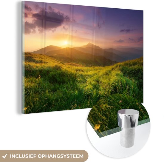 MuchoWow® Glasschilderij 120x80 cm - Schilderij acrylglas - Bergen - Zon - Natuur - Foto op glas - Schilderijen