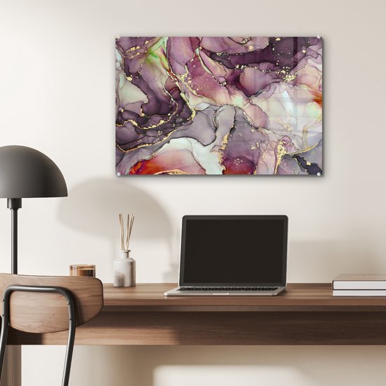 MuchoWow® Peinture sur Verre - Marbre - Rouge - Violet - Or - 60x40 cm - Peintures sur Verre Acrylique - Photo sur Glas