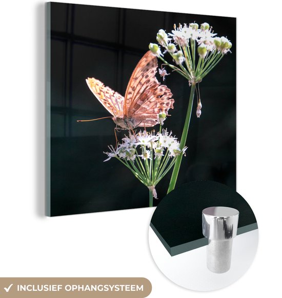 MuchoWow® Glasschilderij 90x90 cm - Schilderij acrylglas - Bloeiende Chinese bieslook in de natuur met roze vlinder - Foto op glas - Schilderijen