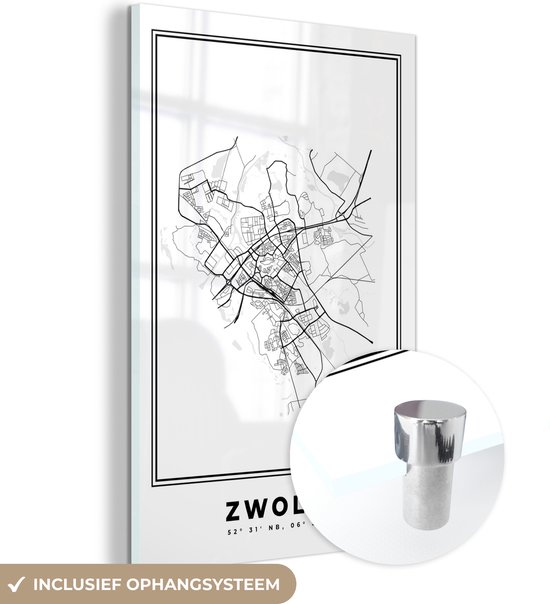 MuchoWow® Glasschilderij 60x90 cm - Schilderij acrylglas - Stadskaart – Zwart Wit - Kaart – Zwolle – Nederland – Plattegrond - Foto op glas - Schilderijen
