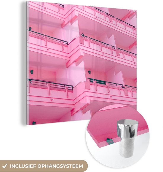 MuchoWow® Glasschilderij 20x20 cm - Schilderij acrylglas - Balkon - Zomer - Roze - Architectuur - Foto op glas - Schilderijen