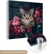 MuchoWow® Glasschilderij 20x20 cm - Schilderij acrylglas - Kat - Bloemen - Bladeren - Botanisch - Foto op glas - Schilderijen