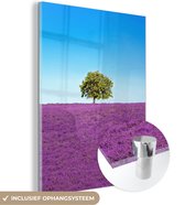 MuchoWow® Glasschilderij 60x80 cm - Schilderij acrylglas - Boom - Paars - Lucht - Lavendel - Foto op glas - Schilderijen