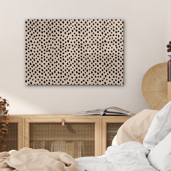 MuchoWow® Glasschilderij 60x40 cm - Schilderij acrylglas - Beige - Stippen - Patronen - Zwart - Foto op glas - Schilderijen