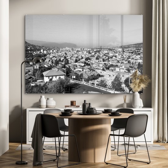 MuchoWow® Peinture sur verre 150x100 cm - Peinture sur verre acrylique - Toits traditionnels de Sarajevo en Bosnie-Herzégovine - noir et blanc - Photo sur verre - Peintures