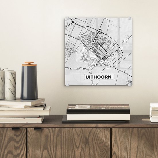 Peinture sur Verre - Carte de la Ville - Uithoorn - Grijs - Wit - 20x20 cm - Peintures sur Verre Peintures - Photo sur Glas - Carte