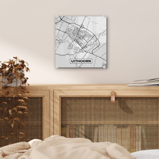 Peinture sur Verre - Carte de la Ville - Uithoorn - Grijs - Wit - 20x20 cm - Peintures sur Verre Peintures - Photo sur Glas - Carte