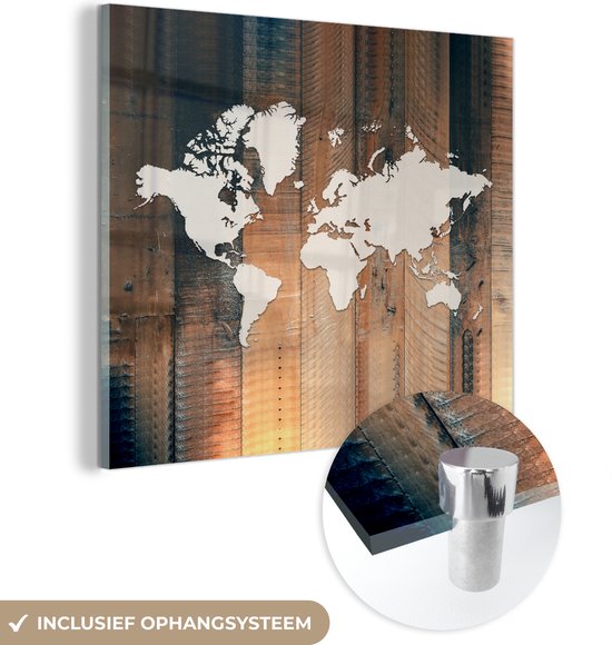 Peinture sur Verre - Carte du Wereldkaart - Simple - Bois - 90x90 cm - Peintures sur Verre Peintures - Photo sur Glas