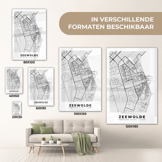 MuchoWow® Glasschilderij 40x60 cm - Schilderij acrylglas - Stadskaart - Zeewolde - Grijs - Wit - Foto op glas - Schilderijen - Plattegrond