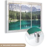 MuchoWow® Glasschilderij 150x100 cm - Schilderij acrylglas - Doorkijk - Berg - Natuur - Foto op glas - Schilderijen