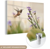 MuchoWow® Glasschilderij 90x60 cm - Schilderij acrylglas - Vogel - Kolibrie - Bloemen - Paars - Foto op glas - Schilderijen