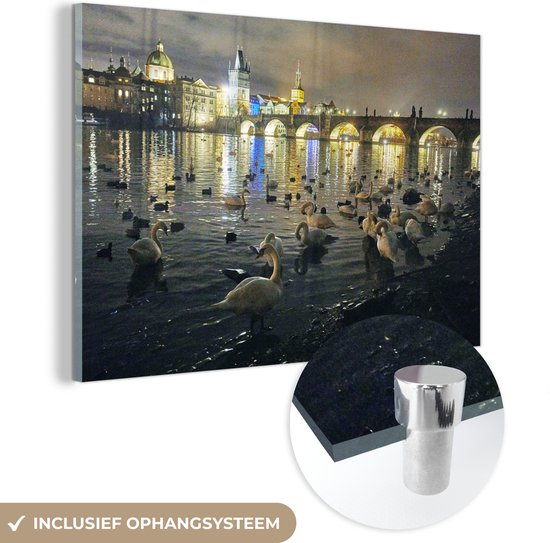 MuchoWow® Glasschilderij 90x60 cm - Schilderij acrylglas - Watervogels in de Moldau in de nacht met uitzicht op de Karelsbrug in Praag - Foto op glas - Schilderijen