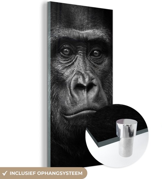 Glasschilderij - Foto op glas - Gorilla - Aap - Zwart-wit - Portret - Acrylglas - Slaapkamer - 40x80 cm - Wanddecoratie glas - Glasschilderij dieren - Muurdecoratie - Glasschilderij aap