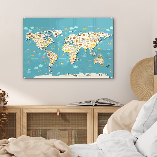 Peinture sur Verre - Carte du Wereldkaart - Enfants - Couleurs - Animaux - 60x40 cm - Peintures sur Verre Peintures - Photo sur Glas