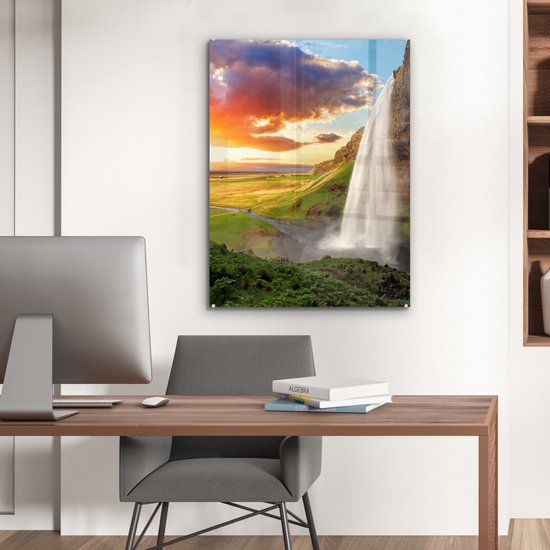 Peinture sur verre - Photo sur verre - Cascade - Rocher - Coucher de soleil - Verre acrylique - Peinture sur Verres - Décoration murale - Feuille acrylique - 60x80 cm - Décoration murale