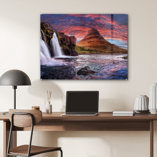 Peinture sur verre - Photo sur verre - Islande - Cascade - Berg - Verre acrylique - Décoration murale - Peinture cascade - Peinture sur verre - 80x60 cm - Décoration murale